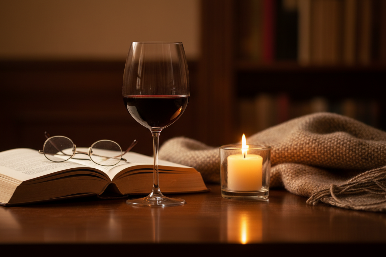una copa de vino en un entorno elegante y cálido con un libro, unas gafas, una mesa, una vela.